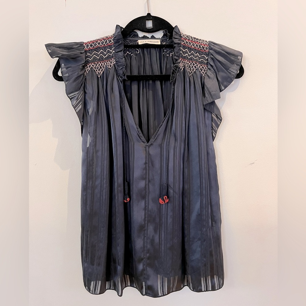 ULLA JOHNSON Blue Silk Ruffle Sleeve Top - 4